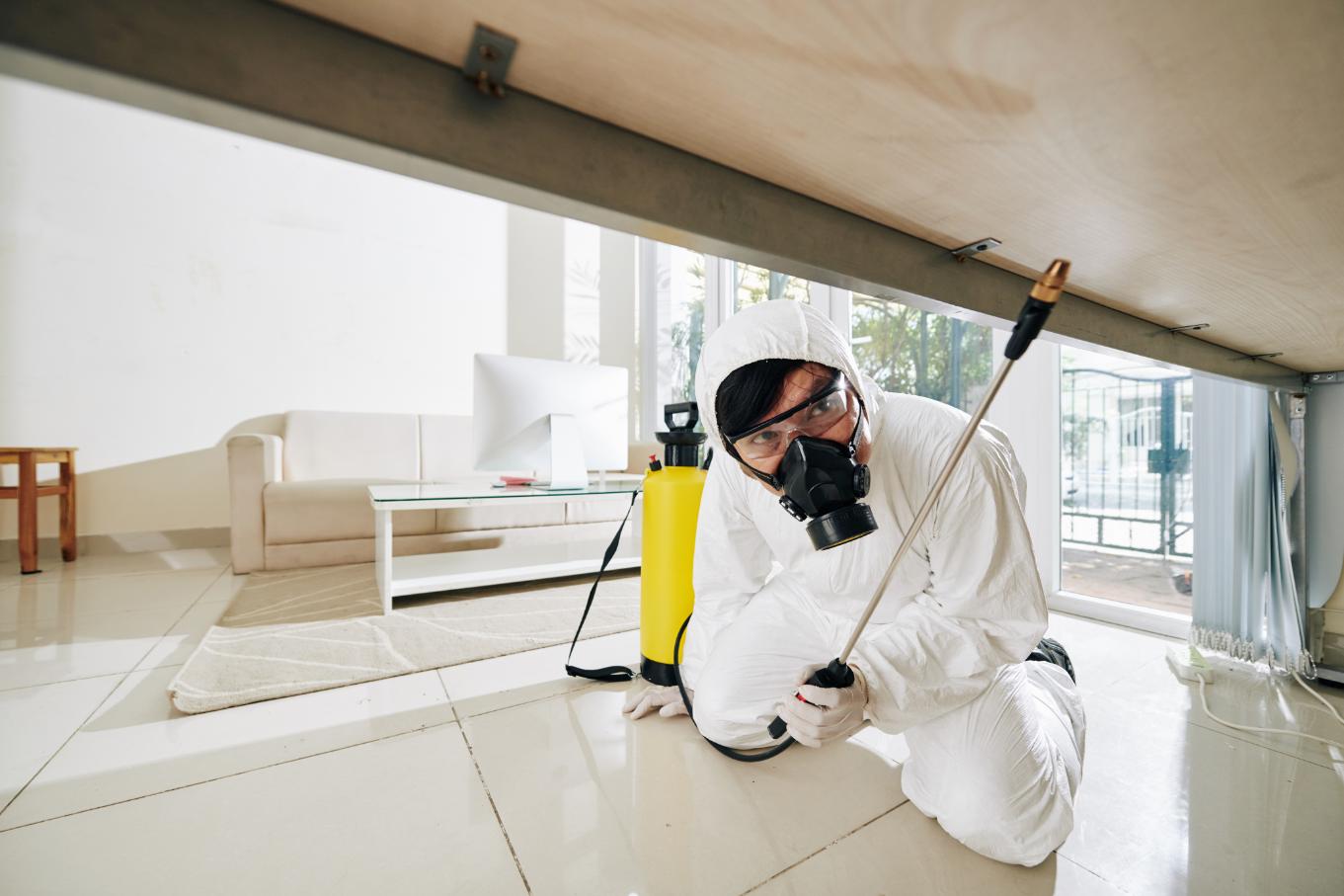 Pest control technician in protective suit treating under furniture